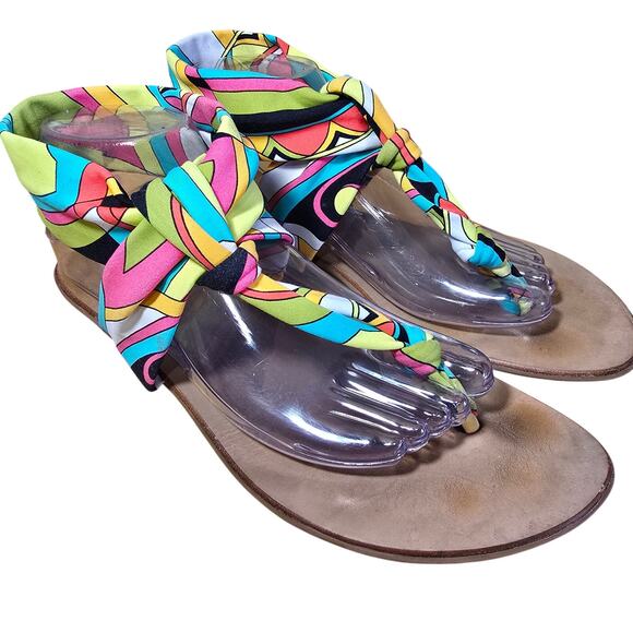 Fabulous Trina Turk Printed wrap Around 60s 70s Groovy Retro Sandals Size 10 - Picture 3 of 11